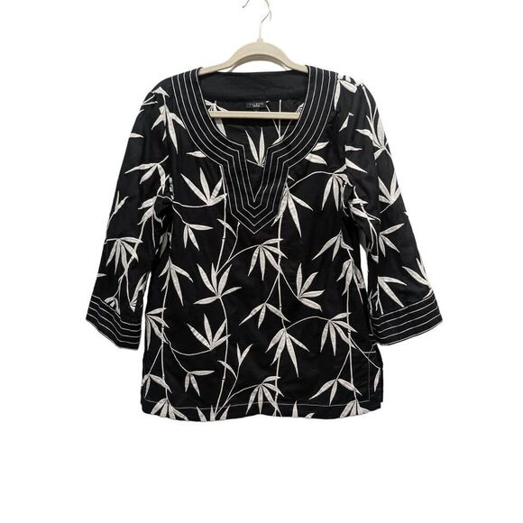 Talbots Black Bamboo Leaf Embroidered Split V Neck 3/4 Sleeves Tunic Top, 10 - Picture 1 of 8